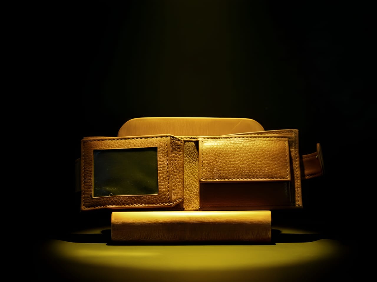 Brown genuine leather wallet with coin pocket open view