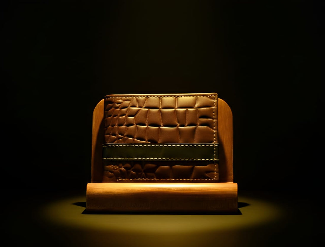 TrustCarries chocolate brown croc embossed leather bi fold wallet for men front view