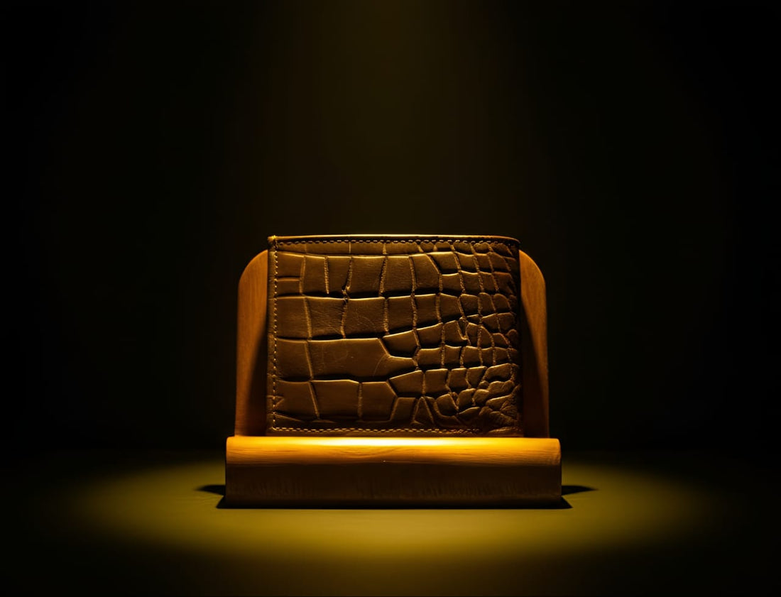 brown sheep leather crocodile wallet front view

